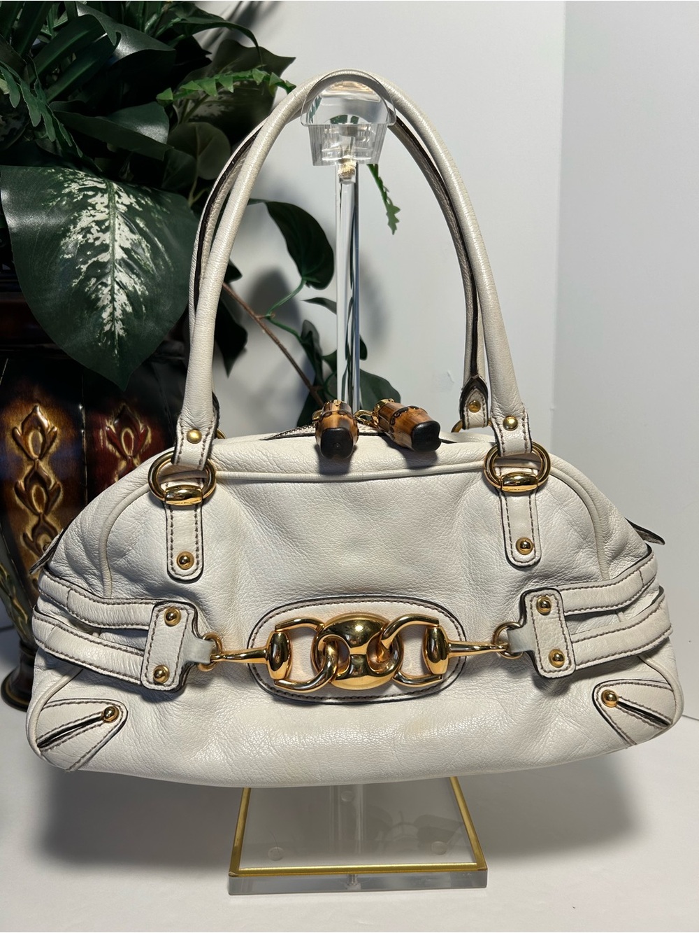 Gucci Horsebit Bamboo Handle Satchel Ivory Leather